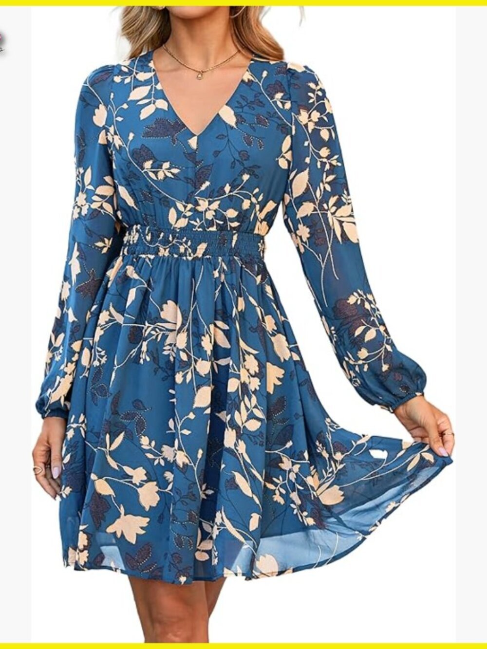 Floral Mini Dress Long Sleeve V Neck Chiffon Boho Casual Wedding Guest